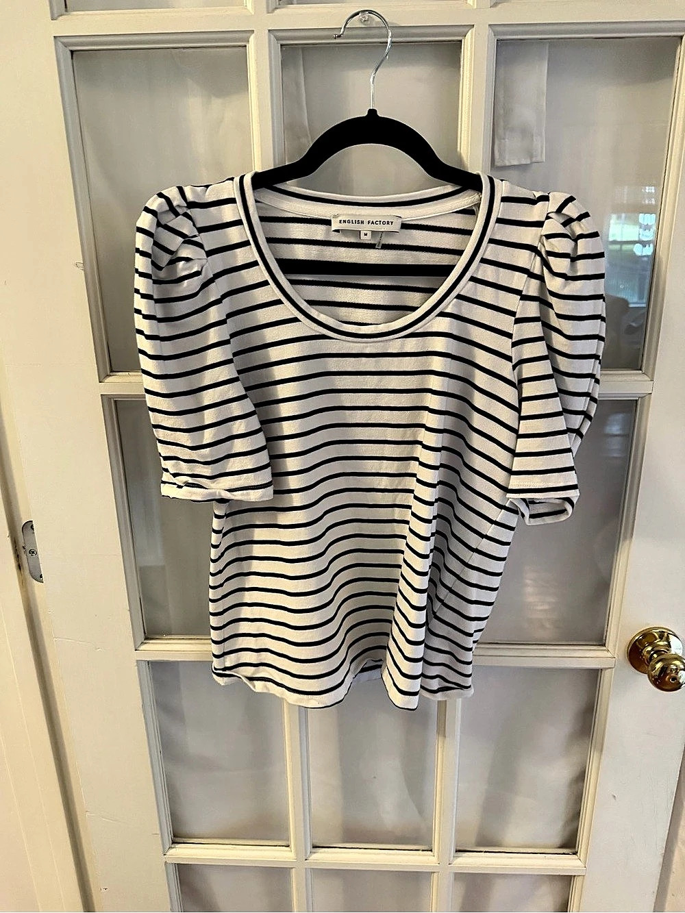 English Factory Stripe Puff Sleeve Top White & Black Size Medium